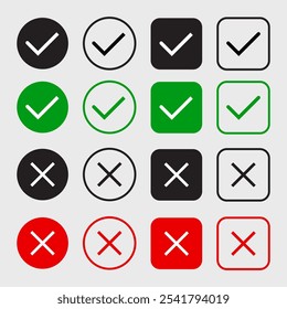 Ícone de marca cruzada de marca de seleção definido. Ícone de marca de seleção verde e ícone de marca de cruz vermelha definidos. Marca de seleção com sinal certo e errado. Conjunto de ícones de marca e cruz. Botão de verificação verde e botão vermelho errado.