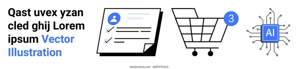 Documento de marca de verificação, carrinho de compras com notificação, chip de IA. Ideal para e-commerce, soluções de tecnologia, perfis de clientes, inteligência artificial, marketing digital, landing pages. Página inicial
