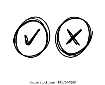 Checkmark doodle vector icons. Approval tick and dissaproval cross.