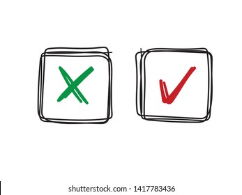 Checkmark doodle vector icons. Approval tick and dissaproval cross.