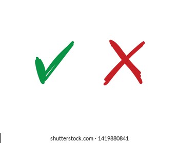 Checkmark doodle vector icons. Approval tick and dissaproval cross.
