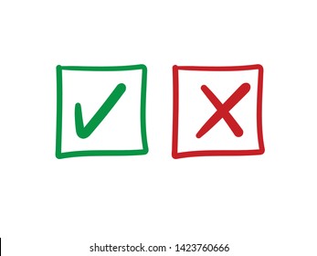 Checkmark doodle vector icons. Approval tick and dissaproval cross.