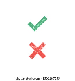 Checkmark doodles. Green tick and red x. Hand drawn check marks.