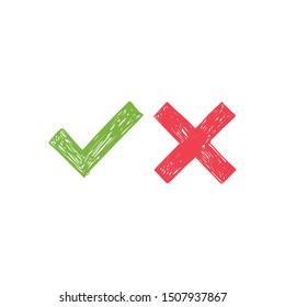 Checkmark doodles. Green tick and red x. Hand drawn check marks.
