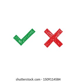 Checkmark doodles. Green tick and red x. Hand drawn check marks.