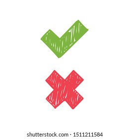 Checkmark doodles. Green tick and red x. Hand drawn check marks.