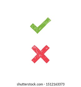 Checkmark doodles. Green tick and red x. Hand drawn check marks.