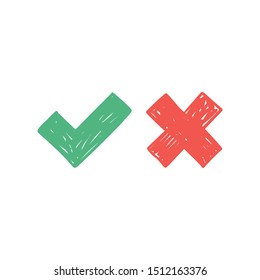 Checkmark doodles. Green tick and red x. Hand drawn check marks.