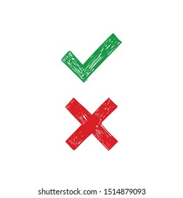 Checkmark doodles. Green tick and red x. Hand drawn check marks.