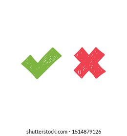Checkmark doodles. Green tick and red x. Hand drawn check marks.