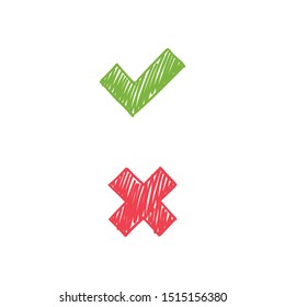 Checkmark doodles. Green tick and red x. Hand drawn check marks.