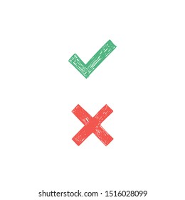 Checkmark doodles. Green tick and red x. Hand drawn check marks.
