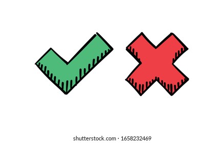 Checkmark doodles, tick and cross. Hand drawn check marks.