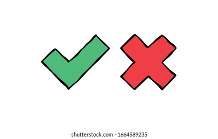 Checkmark doodles, tick and cross. Hand drawn check marks.