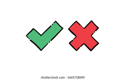 Doodles de marca de verificación, garrapatas y cruces. Marcas de verificación dibujadas a mano.