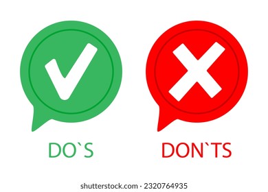 Checkmark with Do's, Cross Mark with Don'ts. Positive confirmation, validation symbol. Negative denial, restriction symbol, prohibition indication. Vector line icon for Business and Advertising