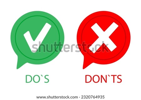Checkmark with Do's, Cross Mark with Don'ts. Positive confirmation, validation symbol. Negative denial, restriction symbol, prohibition indication. Vector line icon for Business and Advertising