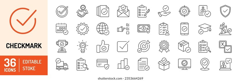 Checkmark editable stroke outline Icons set. Check, approve, ticks, quality check, confirm, correct, checklist and verified. Vector illustration