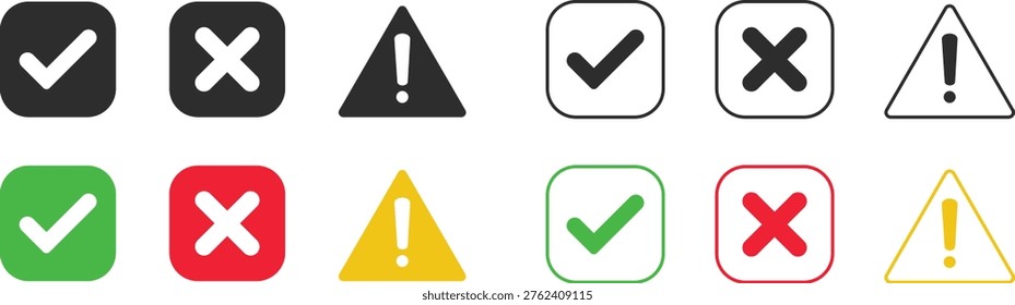Checkmark Exclamation and Cross Icon Set. Status Indicator Symbols. Tick mark and alert icons. Validation and notification sign. Success warning and error symbols.
