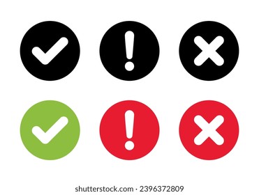 Checkmark, exclamation, and cross mark icon on circle background. Check, warning, and x symbol vector