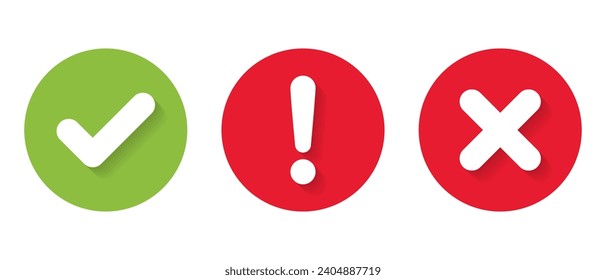 Marca de verificación, signo de exclamación y x icono cruzado con sombra. Comprobar, advertir y x vector de símbolos en diseño plano