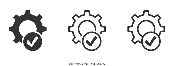 Checkmark with a gear vector icon. Checkmark with cogwheel vector icon. Gear and checkmark vector symbols set. Checkmark with gear icon