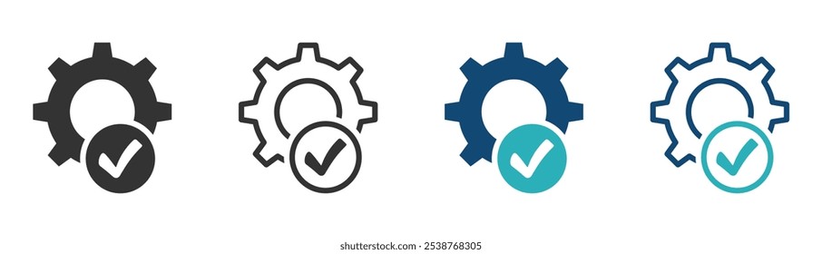 Marca de seleção com um ícone de vetor de engrenagem. Conjunto de símbolos vetoriais de engrenagem e marca de verificação. Marca de seleção com ícone de engrenagem