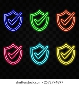 Checkmark. Glowing neon icon on brick wall background.