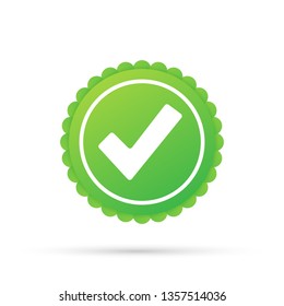 Checkmark. Green approved star sticker on white background. Vector stock illustration.