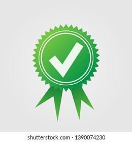 Checkmark. Green approved star sticker on white background. Vector illustration.