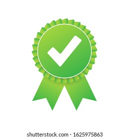 Checkmark. Green approved star sticker on white background. Vector stock illustration.