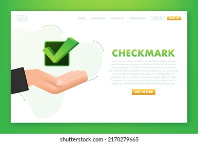 Checkmark. Green approved star sticker on white background. Vector illustration