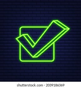 Checkmark. Green approved sticker. Neon style. Vector illustration.