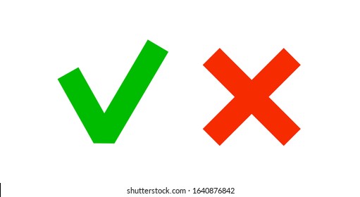 Checkmark green red icons. Cross wrong right tick vote signs isolated on white background. Check mark error ui symbols, vector illustration