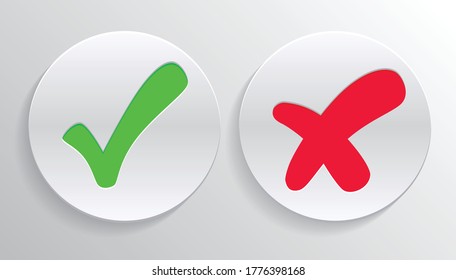 marca de verificación Marcado verde y cruz roja de los símbolos Círculo aprobados y rechazados botón SÍ y NO para votar, decisión, web. Icono de ilustración de vector 