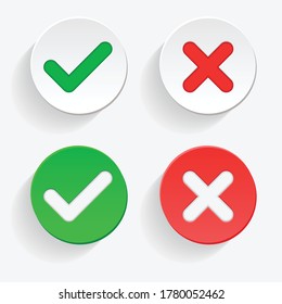 checkmark Green Tick and red cross of approved and reject Circle symbols YES and NO button for vote, decision, web. Vector illustration icon 