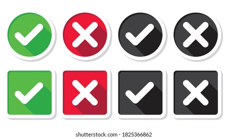 checkmark Green Tick and red cross of approved and reject Circle symbols YES and NO button for vote, decision, web. Vector illustration icon 