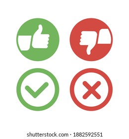 Checkmark green tick and red cross of approved and reject circle symbols yes and no button for vote