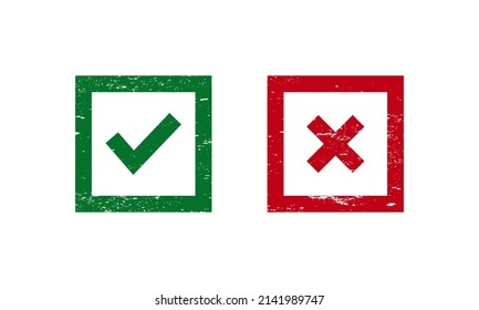 Checkmark Grunge Stamp Template. Set Of Green And Red Cross And Hook Checkmark OK And X Icons