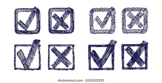checkmark hatching pen sketch style icon doodle hand drawn. checkmark and cross Outline line drawing clipart symbol. Vector illustration