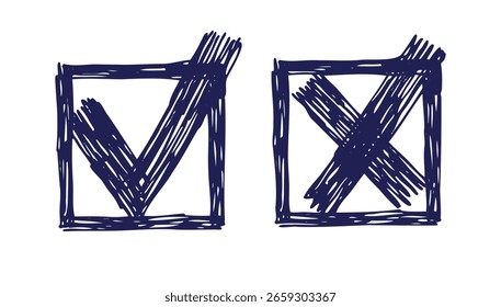 checkmark hatching pluma estilo de boceto doodle dibujado a mano. marca de verificación y cruz Clipart de dibujo de línea de contorno. Ilustración vectorial