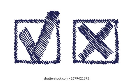 checkmark hatching pluma estilo de boceto doodle dibujado a mano. marca de verificación y cruz Clipart de dibujo de línea de contorno. Ilustración vectorial
