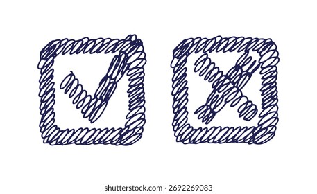 checkmark hatching pen sketch style icon doodle hand drawn. checkmark and cross Outline line drawing clipart symbol. Vector illustration