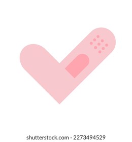 Checkmark, heart shaped medical patches, adhesive tape plasters, sticker, label. Flat Vector illustration isolated on white background