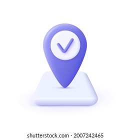 Checkmark icon. Approvement concept. Geolocation map mark, point location. 3d realistic vector illustration. 