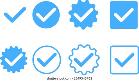 Icono de marca de verificación. Conjunto de iconos de marca de verificación azul. marca de verificación con iconos de Casilla de verificación. simbolizando el éxito. Símbolo de Cuenta verificado
