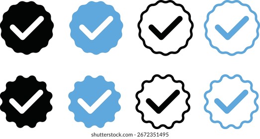Ícone de marca de seleção. Ícone de marca de seleção azul definido. Símbolo da conta verificado. Crachá de verificação simbolizando sucesso. Sinal de perfil aprovado