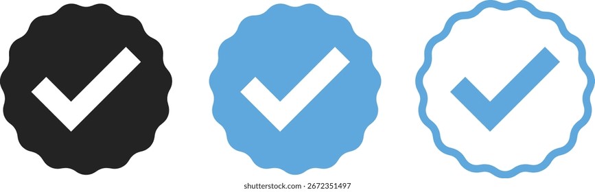 Icono de marca de verificación. Conjunto de iconos de marca de verificación azul. Símbolo de Cuenta verificado. Insignia de verificación que simboliza el éxito. Signo de perfil aprobado