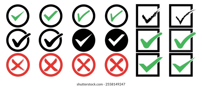 Checkmark icon button set. Checklist icon with right and wrong buttons set, and yes or no checkmark icons in green and red cross black box isolated on white background.