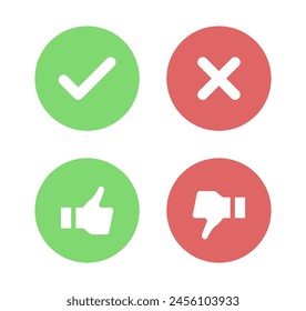 checkmark icon button in speech bubble. correct and incorrect sign with like and dislike icon or thumbs up down icons or check mark box frame with green tick and red cross symbols. yes or no icons	